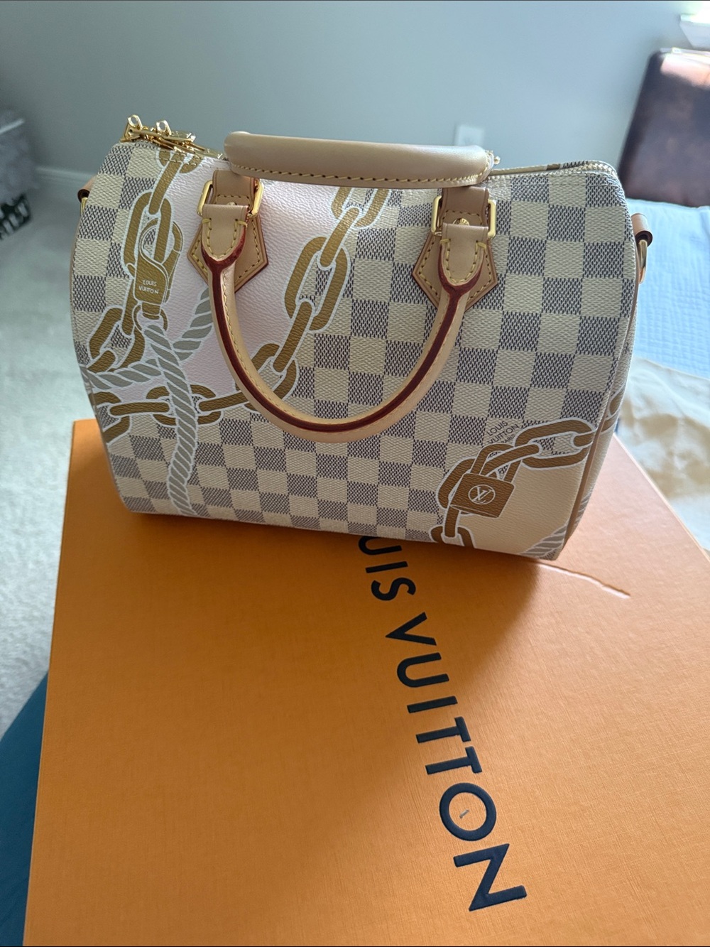 Louis Vuitton Damier Azur Nautical Speedy Bandouliere 25 Cream and Gold Chain